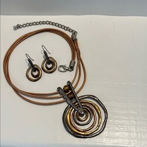 Boho Gold and Pewter Multiple Circles Necklace. matching earrings.
